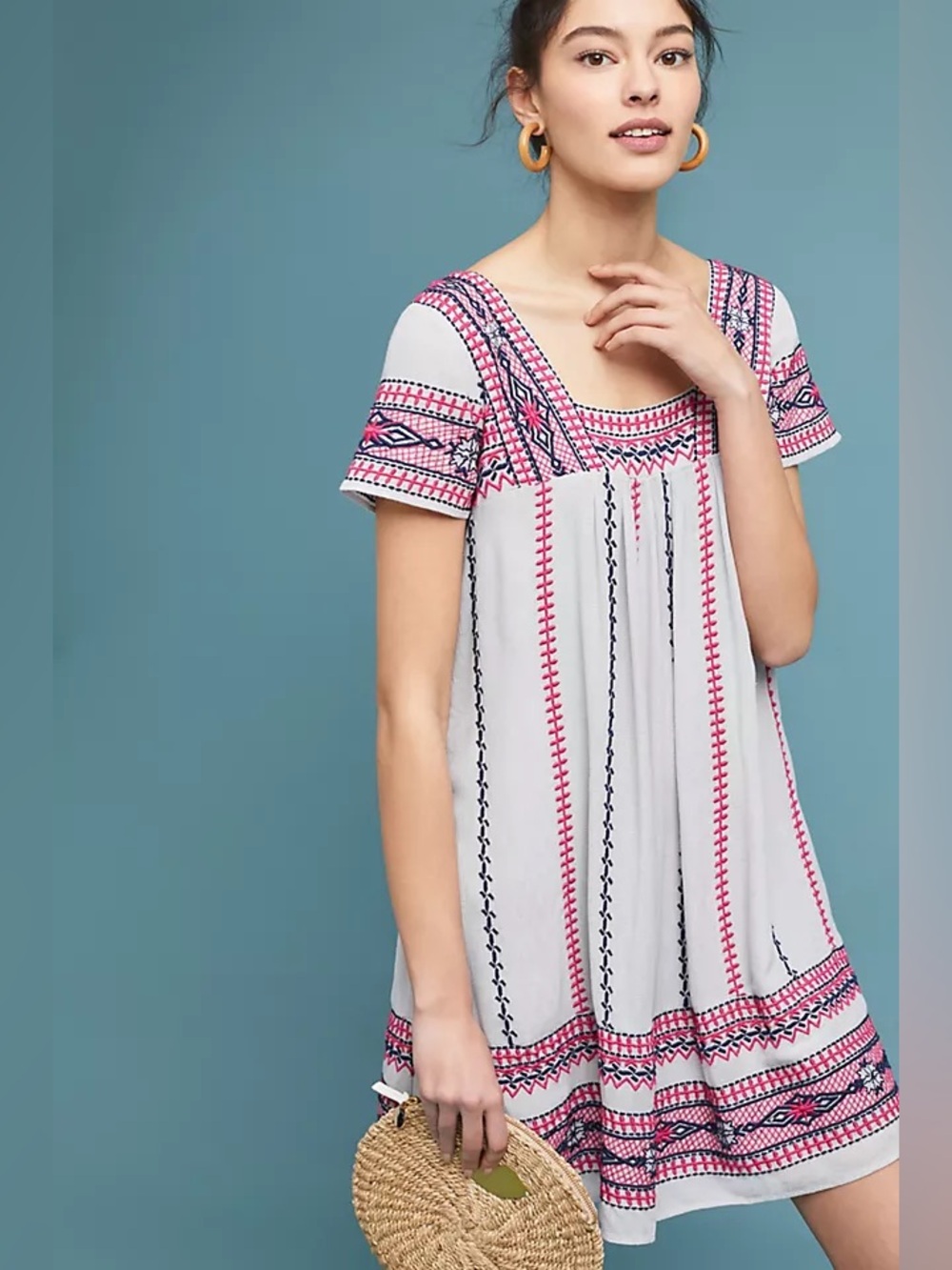 Anthropologie Maeve Ruidoso Boho Embroidered Dress Gray Blue Pink size XSmall